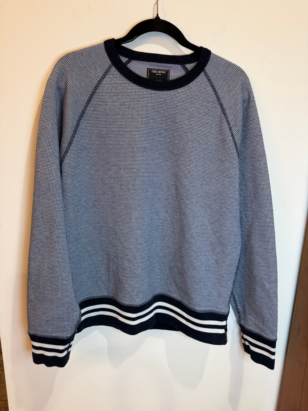 Todd Snyder Navy Textured Crewneck Sweater with Contrast Striped Trim